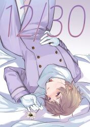  1boy axis_powers_hetalia blush brown_hair coat commentary_request dated flower gloves hand_on_own_stomach highres holding holding_flower long_sleeves looking_at_viewer lying male_focus on_back on_bed pants purple_background purple_coat purple_eyes russia_(hetalia) sama_8_sm scarf short_hair simple_background smile solo teeth white_flower white_gloves white_pants white_scarf 