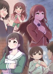  1boy 3girls :d black_hair black_jacket blazer blue_necktie blush book bow bowtie braid breast_pocket brick_wall brown_hair closed_mouth collared_shirt commentary_request crying crying_with_eyes_open dress_shirt frown green_bow green_bowtie green_shirt grey_bow grey_bowtie growth170 half_updo hands_on_own_chest highres holding holding_book jacket long_hair long_sleeves love_live! love_live!_school_idol_musical multiple_girls neckerchief necktie open_mouth pinky_swear plaid_bow plaid_bowtie plaid_clothes pocket profile puffy_short_sleeves puffy_sleeves red_jacket sailor_collar school_uniform serafuku shirt short_sleeves side_braids sideways_mouth smile sobbing split_mouth takizakura_school_uniform takizawa_anzu takizawa_kyoka tears tsubaki_rurika tsubaki_rurika&#039;s_father tsubakisakuhana_school_uniform w_arms white_neckerchief white_sailor_collar white_shirt winter_uniform 