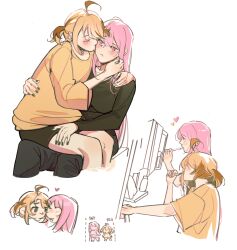  2girls absurdres ahoge alternate_costume amlichan black_nails black_pants black_shirt blush brushing_teeth gigi_murin heart height_difference highres hololive hololive_english kiss kissing_cheek mori_calliope multiple_girls orange_hair orange_shirt pants pink_eyes pink_hair shirt twintails virtual_youtuber yuri 