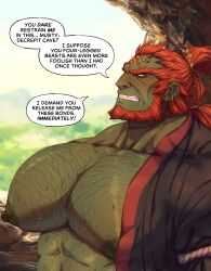  1boy absurdres alternate_pectoral_size bara beard blush chest_hair colored_skin commentary ear_piercing english_commentary english_text facial_hair ganondorf ghangaji green_skin highres huge_pectorals large_areolae long_hair male_focus mature_male muscular muscular_male nintendo nipples pectorals piercing puffy_chest red_hair solo speech_bubble sweat the_legend_of_zelda the_legend_of_zelda:_tears_of_the_kingdom variant_set veins 