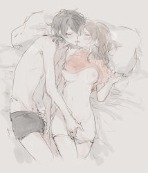 10s 1boy 1girl anzu_(ensemble_stars!) bad_id bad_pixiv_id black_hair blush breasts brown_hair closed_eyes couple ensemble_stars! fingering hetero highres kiss long_hair lying mutual_masturbation nipples panties sakuma_rei_(ensemble_stars!) short_hair underwear wavy_hair rating:Questionable score:61 user:danbooru