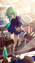  1girl bag black_socks blue_nails blue_scarf blue_shorts book closed_mouth commentary_request crop_top green_hair highres holding holding_bag indoors kneehighs legwear_garter light_blush long_hair looking_away midriff nail_polish navel original saraki scarf short_shorts shorts smile socks solo standing very_long_hair wooden_chair yellow_eyes  rating:Sensitive score:6 user:danbooru