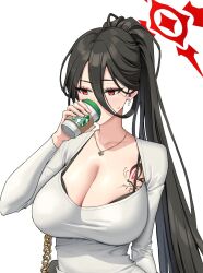  1girl arm_behind_back black_bra black_hair blue_archive bra bra_peek breasts butterfly_tattoo chain chest_tattoo cleavage collarbone commentary_request copyright_logo cup disposable_coffee_cup disposable_cup dongtan_dress dress drinking earrings eyelashes hair_between_eyes halo hand_up hasumi_(blue_archive) highres holding holding_cup impossible_clothes impossible_dress jewelry kkuni large_breasts long_bangs long_hair looking_ahead loosely_tucked_bangs meme_attire mole mole_under_eye necklace pearl_earrings ponytail red_eyes red_halo simple_background solo starbucks straight_hair sweatdrop tattoo taut_clothes taut_dress underwear upper_body variant_set white_background white_dress 