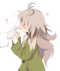 1girl animal_ears blue_eyes blush collar dog_ears licking_finger gloves green_jacket heavy_breathing jacket konachiu licking light_brown_hair long_hair long_sleeves open_mouth original rei-chan_(konachiu) simple_background solo_focus standing sweat tongue tongue_out turtleneck white_background white_gloves rating:Sensitive score:31 user:danbooru