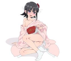  10s 191karasu 1girl :d arm_support ass black_hair blunt_bangs blush breasts clothes_lift drunk feet female_focus flower full_body hair_flower hair_ornament highres japanese_clothes kiitarou_shounen_no_youkai_enikki kimono kimono_lift leaning_to_the_side lifting_own_clothes loli long_sleeves looking_at_viewer nipples no_panties obi off_shoulder open_mouth pink_kimono purple_eyes sash short_hair short_kimono simple_background sitting small_breasts smile solo suzu_(kiitarou) tabi white_background wide_sleeves 