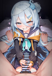  1boy 1girl absurdres bar_censor blue_eyes blue_hair blue_panties bow bow_panties censored commentary_request commission grin hair_between_eyes hair_ornament hairclip handjob hetero highres loli long_hair long_sleeves naughty_face panties panties_on_penis parted_lips penis petite pita_goral pov pov_crotch seiza sitting skeb_commission smile suzutuki_sui teeth twitching_penis underwear variant_set varium 