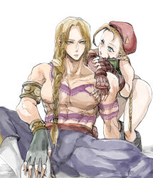  1boy 1girl ass bent_over blonde_hair blue_eyes cammy_white capcom gloves hat legs leotard long_hair looking_at_another mask ponytail scar scar_on_face sitting street_fighter street_fighter_ii_(series) street_fighter_zero tattoo vega_(street_fighter) 