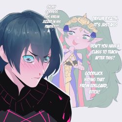 1boy 1girl big_hair blood blue_dress blue_hair blunt_bangs blush male_byleth_(fire_emblem) daydream dress embarrassed english_text fire_emblem fire_emblem:_three_houses grin highres insult long_hair mentalillusion nintendo nosebleed notreal nyantcha pointy_ears purple_eyes slit_pupils smile smug sothis_(fire_emblem) speech_bubble tears twintails very_long_hair