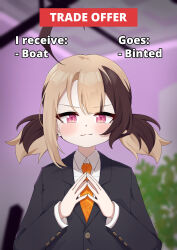 1girl absurdres ahoge alternate_costume black_jacket blonde_hair blurry blurry_background boat_goes_binted brown_hair closed_mouth collared_shirt english_text gevuxx gigi_murin highres hololive hololive_english indoors jacket looking_at_viewer meme multicolored_hair necktie orange_necktie pink_eyes shirt solo suit_jacket trade_offer_(meme) twintails two-tone_hair virtual_youtuber white_shirt 