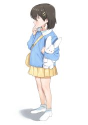 1girl absurdres bad_id bad_pixiv_id bag black_eyes black_hair blue_shirt child dorontabi female_focus finger_to_mouth full_body hair_ornament hairclip highres hugging_object kindergarten_uniform original shirt short_hair simple_background skirt socks solo stuffed_animal stuffed_toy teddy_bear white_background white_footwear yellow_skirt rating:Sensitive score:81 user:danbooru