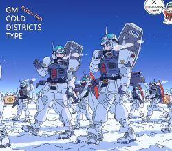  6+boys 8823 beam_gun blue_sky blue_visor closed_eyes earth_federation english_text fog gm_(mobile_suit) gun gundam highres holding holding_gun holding_weapon mecha_danshi mobile_suit mobile_suit_gundam multiple_boys science_fiction shield sky snow speech_bubble thought_bubble waving weapon 