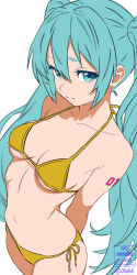  bikini blue_hair hatsune_miku highres pout swimsuit twintails white_background xel4 yellow_bikini  rating:Sensitive score:9 user:guhguhguh