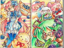  2others 3girls ahoge aqua_hair blue_dress blueberry blueberry_muffin cable chibikemo chiikawa colored_pencil_(medium) crossover dress food fruit furry furuhonya glasses hatsune_miku lennardo_(grim_the_end) long_hair looking_at_viewer megurine_luka momonga_(chiikawa) muffin multiple_girls multiple_others pink_hair school_uniform serafuku sketchbook spring_onion takoluka traditional_media twintails usagi_(chiikawa) vocaloid wire 