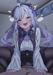  1boy 1girl absurdres ahoge ascot black_pantyhose blush bow bowtie breasts breath ceiling ceiling_light censored center_frills clothed_female_nude_male commentary cowgirl_position drill_hair erection fangs frilled_hairband frills gem girl_on_top hairband hands_on_another&#039;s_chest heavy_breathing hetero highres indoors long_hair looking_at_viewer lying medium_breasts mekato mole mole_under_eye mosaic_censoring motion_blur nude on_back open_mouth paid_reward_available pantyhose parted_bangs pointy_ears pov purple_ascot purple_bow purple_bowtie purple_gemstone purple_hair purple_ribbon red_eyes ribbon saliva sex slit_pupils smile spread_legs squatting straddling sweat teeth tongue torn_clothes torn_pantyhose upper_teeth_only vaginal vivian_banshee window zenless_zone_zero 