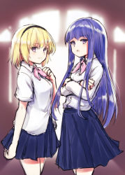 2girls absurdres blonde_hair blue_hair blue_skirt blunt_bangs crossed_arms dress_shirt furude_rika hairband hand_on_own_chest hazumi_otoya highres higurashi_no_naku_koro_ni higurashi_no_naku_koro_ni_gou houjou_satoko long_hair multiple_girls open_mouth pink_eyes purple_eyes school_uniform shirt short_hair skirt smile white_shirt rating:Sensitive score:11 user:danbooru