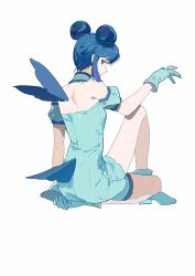 1girl absurdres aizawa_mint aqua_boots aqua_choker aqua_dress aqua_gloves aqua_sleeves bare_shoulders bird_girl bird_tail bird_wings blue_eyes blue_hair blue_wings blunt_bangs boots choker closed_mouth commentary_request detached_sleeves double_bun dress frilled_choker frilled_sleeves frilled_thigh_strap frills full_body gloves hair_bun high_heel_boots high_heels highres holding_own_foot knee_up looking_at_viewer looking_back magical_girl mew_mint morgue_(southsakura) puffy_short_sleeves puffy_sleeves short_dress short_hair short_sleeves shoulder_blades simple_background sitting smile solo strapless strapless_dress tail thigh_strap tokyo_mew_mew white_background wings 