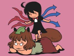  2girls :3 ahoge animal_ears asymmetrical_wings barefoot black_dress black_hair blue_wings brown_hair closed_eyes closed_mouth commentary_request dress full_body futatsuiwa_mamizou houjuu_nue leaf leaf_on_head looking_at_another massage multiple_girls onikobe_rin open_mouth pink_background raccoon_ears raccoon_girl raccoon_tail red_wings short_hair short_sleeves simple_background smile stepped_on tail touhou wings 