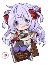  1girl :d amamiya_shizuku_(hizuki_yayoi) animal_slippers apron bare_shoulders black_thighhighs blush bow bowl candy chibi chocolate chocolate_bar collarbone commentary_request double_bun eyes_visible_through_hair food fur-trimmed_sweater fur_trim grey_sweater hair_bow hair_bun happy_valentine heart hizuki_yayoi holding holding_bowl long_hair mixing_bowl off_shoulder open_mouth original plaid_apron plaid_clothes purple_eyes purple_hair purple_slippers red_apron red_bow simple_background slippers smile solo spoken_heart strap_slip sweater thighhighs two_side_up valentine very_long_hair whisk white_background  rating:General score:2 user:danbooru