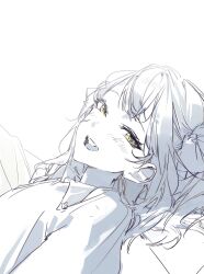  1girl bang_dream! bang_dream!_it&#039;s_mygo!!!!! blush commentary hashtag-only_commentary highres long_hair lying open_mouth shirt solo spot_color togawa_sakiko yellow_eyes yrdd 