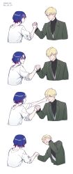  2boys absurdres black_shirt blonde_hair blue_eyes blue_hair cchoo00oo char_aznable cheating_(competitive) colored_inner_hair eye_poke green_jacket gundam gundam_gquuuuuux hair_over_eyes highres holding_hands in_the_face jacket long_sleeves lower_eyelashes_only male_focus multicolored_hair multiple_boys open_mouth pain poking purple_hair red_eyes sequential shirouzu_(gundam) shirt short_hair shuji_ito simple_background sleeveless tank_top turtleneck two-tone_hair white_background white_shirt 