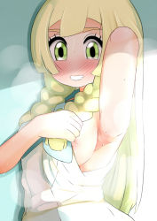  armpits blonde_hair blush dress green_eyes heppushu lillie_(pokemon) nintendo nipple_slip nipples pokemon pokemon_sm presenting_armpit  rating:Questionable score:61 user:implyingyouwouldnt