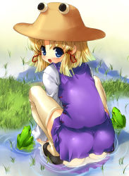 1girl animal ass blonde_hair blue_eyes blush female_focus frog hat looking_back moriya_suwako open_mouth panties pantyshot reflection short_hair solo squatting thighhighs tilm touhou underwear water white_panties white_thighhighs zettai_ryouiki rating:Sensitive score:10 user:danbooru