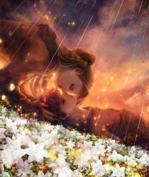  2boys absurdres black_sclera blue_eyes cloud cloudy_sky colored_sclera commission commissioner_upload deidara_(naruto) face-to-face falling_petals flower glowing glowing_flower glowing_petals grey_eyes high_ponytail highres implied_yaoi kino_cozi long_hair looking_at_another lying male_focus multiple_boys naruto_(series) naruto_shippuuden non-web_source parted_lips petals ponytail rain red_hair robe sasori_(naruto) short_hair skeb_commission sky smile star_(sky) sunset white_flower yellow_petals 