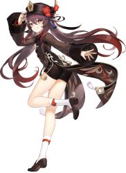 1girl absurdres arm_up ass bead_bracelet beads black_hat black_nails black_shoes black_shorts bracelet brown_hair brown_shirt brown_shoes chinese_clothes flat_chest floating_hair flower from_behind full_body genshin_impact gradient_hair grin hat hat_flower highres hu_tao_(genshin_impact) jewelry leg_up long_hair long_sleeves looking_at_viewer looking_back multicolored_hair multiple_rings nail_polish official_art outstretched_arm plum_blossoms red_eyes red_flower ring shirt shoes short_shorts shorts smile socks solo standing standing_on_one_leg star-shaped_pupils star_(symbol) symbol-shaped_pupils tailcoat tassel thighs transparent_background twintails very_long_hair white_socks wide_sleeves wing_collar rating:Sensitive score:59 user:danbooru