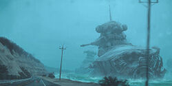  cannon car fog highres motor_vehicle no_humans official_art power_lines radio_tower road simon_stalenhag snow the_electric_state utility_pole water 