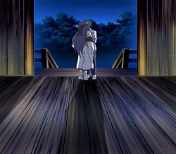  1boy 1girl amaterasu_(izumo) blue_hair bow brown_hair hair_bow hair_ribbon highres hug izumo japanese_clothes legs long_hair miko night pants ribbon short_hair socks stitched thighs third-party_edit touma_hikaru  rating:Sensitive score:1 user:spk