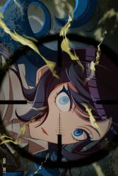  1girl ado_(utaite) black_hair blue_eyes blue_hair chando_(ado) colored_inner_hair commentary crosshair floating_hair heterochromia hibana_(vocaloid) highres keeko_(kk_0012) long_hair looking_at_viewer mole mole_under_eye multicolored_hair open_mouth sideways solo twitter_username utaite 