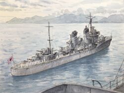  6+boys atelier_bono cloud cloudy_sky commentary_request destroyer fubuki_(destroyer) highres imperial_japanese_navy japanese_flag mast military_uniform military_vehicle multiple_boys naval_uniform naval_working_uniform ocean original painting_(medium) rising_sun_flag scenery ship ship_turret sky smokestack sunburst traditional_media vehicle_focus warship watercolor_(medium) watercraft waves 