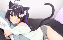  1girl absurdres animal_ears black_hair cat_ears cat_girl cat_tail commission dolphin_shorts expressionless grey_shorts hair_ornament halo highres hugging_doll hugging_object long_hair looking_at_viewer lying multicolored_hair off_shoulder on_side ougi_hotate papa_sex_caramelied purple_hair shirt short_sleeves shorts side_ponytail skeb_commission streaked_hair stuffed_animal stuffed_shark stuffed_toy tail vrchat white_shirt wing_hair_ornament yellow_eyes 