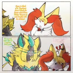 1boy 1girl 2koma animal_collar animal_ear_fluff animal_ears animal_nose artist_name backlighting black_eyes black_fur blonde_hair body_fur bow braid braixen bright_pupils broken_heart cat_boy cat_ears closed_mouth collar colored_tips comic dated english_text eyes_visible_through_hair facial_mark fox_ears fox_girl furry furry_female furry_male gen_6_pokemon gen_7_pokemon green_eyes green_fur hair_bow hair_over_one_eye hand_to_own_mouth heart legendary_pokemon long_hair looking_at_another multicolored_hair multiple_views mythical_pokemon neck_fur nintendo open_mouth outside_border pokemon pokemon_(creature) red_bow red_hair shaded_face short_hair sidelocks signature simple_background snout standing talking thwillartz toned toned_male twitter_username two-tone_fur two-tone_hair upper_body whisker_markings white_background white_fur white_pupils yellow_fur zeraora