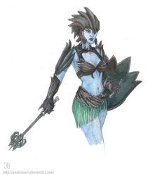  1girl anastasia-n armor black_armor black_sclera black_weapon blue_skin boobplate breastplate clawed_gauntlets colored_pencil_(medium) colored_sclera colored_skin dark_seducer_(mazken) green_skirt grey_skin helmet holding holding_mace holding_shield holding_weapon looking_at_viewer mace midriff revealing_clothes shield shoulder_armor skirt standing the_elder_scrolls the_elder_scrolls_iv:_oblivion thighs traditional_media watermark weapon white_background 