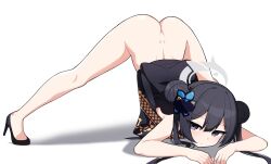  1girl ass bare_arms bare_legs black_dress black_footwear blue_archive butterfly_hair_ornament china_dress chinese_clothes closed_mouth double_bun dress expressionless grey_eyes hair_bun hair_ornament halo high_heels highres jack-o&#039;_challenge kisaki_(blue_archive) legs_apart lettu long_hair looking_at_viewer no_panties sidelocks simple_background solo top-down_bottom-up twintails white_background  rating:Questionable score:63 user:danbooru