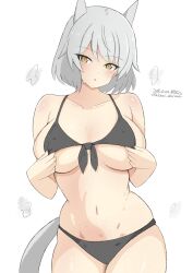  1girl absurdres aila_paivikki_linnamaa animal_ears bikini black_bikini blush breasts collarbone highres large_breasts looking_at_viewer luminous_witches navel open_mouth short_hair simple_background solo swimsuit tail unkai_daraku white_background white_hair wolf_ears wolf_tail world_witches_series yellow_eyes  rating:Questionable score:3 user:tanaab1234567890