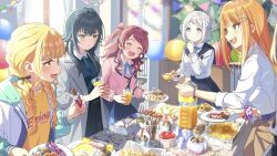  5girls balloon blonde_hair blue_eyes book bracelet buttons candy chalkboard closed_eyes coat cup english_text flag food fujita_kotone gakuen_idolmaster game_cg green_eyes grey_hair hair_ornament hairclip hanami_saki holding idolmaster jacket jewelry katsuragi_lilja lollipop low_twin_braids multicolored_hair multiple_girls neck_ribbon official_art open_mouth orange_hair paper plate pleated_skirt red_hair ribbon school_uniform shiun_sumika skirt smile table tsukimura_temari twin_braids yellow_eyes  rating:General score:0 user:shamga