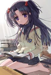  1girl barefoot blue_skirt book brown_jacket clannad commentary_request expressionless feet hair_bobbles hair_ornament highres hikarizaka_private_high_school_uniform holding holding_book ichinose_kotomi jacket light_blush light_particles light_rays long_hair long_sleeves looking_at_viewer lvetica open_book purple_eyes purple_hair sailor_collar school_uniform scissors sitting skirt solo twintails white_sailor_collar 