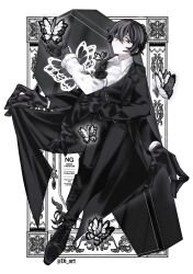  1boy absurdres animal_print black_butterfly black_coat black_eyes black_gloves black_hair black_sleeves border bowing bug butterfly coat coffin diort double-parted_bangs e.g.o_(project_moon) extra_arms full_body gloves hair_between_eyes hand_on_own_arm highres insect knees_together_feet_apart large_hands limbus_company looking_at_viewer male_focus project_moon solemn_lament_(e.g.o) solo white_border white_butterfly white_sleeves yi_sang_(project_moon) 
