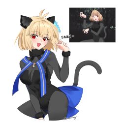  1girl :3 absurdres alternate_costume animal_ears arcueid_brunestud arcueid_brunestud_(monster_cat) arcueid_brunestud_(mooncancer) black_bodysuit blue_bow blush bodysuit bow breasts cat_ears cat_girl cat_tail english_text fake_animal_ears fake_tail fang fate/grand_order fate_(series) flower flower_on_head gold_trim hair_ornament highres kagetsu_tooya large_breasts leotard looking_at_viewer official_alternate_costume paw_pose photo-referenced red_eyes ribbon solo tail takeuchi_takashi tsukihime tsukihime_(remake) 
