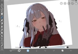  1girl art_program_in_frame bang_dream! bang_dream!_it&#039;s_mygo!!!!! black_gloves black_hair black_ribbon blue_hair blush commentary earrings gloves green_brooch hair_ribbon highres jewelry kanade_(kanade_3344) long_hair oblivionis_(bang_dream!) open_mouth red_shirt ribbon screencap shirt sidelocks solo togawa_sakiko unfinished yellow_eyes 