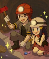  1boy 1girl :d black-framed_eyewear black_hair black_shirt blush boots brown_eyes brown_hair cave_interior commentary dawn_(pokemon) fossil gem glasses grey_eyes grey_jacket grey_pants hair_ornament hairclip hammer hands_up helmet highres holding holding_hammer jacket long_hair looking_down nakikot_t nintendo on_one_knee open_mouth pants pokemon pokemon_dppt roark_(pokemon) shirt short_sleeves sidelocks skirt sleeveless sleeveless_shirt smile socks sparkle symbol-only_commentary  rating:General score:2 user:danbooru