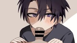  2boys animated bar_censor black_hair black_shirt blush censored dot_nose erection fellatio heart kayupon looking_at_viewer looping_animation male_focus multiple_boys oral original penis purple_eyes shirt short_hair shota simple_background tagme trap video yaoi  rating:Explicit score:395 user:SGuy669