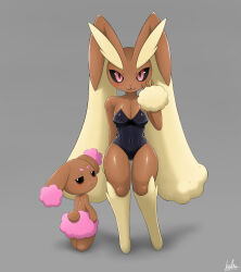 2girls :3 absurdres alternate_color animal_nose arm_behind_back artist_name back bare_shoulders black_eyes black_leotard black_sclera blush body_fur breasts brown_fur buneary cleavage closed_mouth clothed_pokemon collarbone colored_sclera covered_navel dated female_focus from_behind full_body furry furry_female gen_4_pokemon grey_background half-closed_eyes hand_up happy highres kalu_(pixiv_14297841) legs leotard loli long_ears looking_at_viewer looking_back lopunny medium_breasts multiple_girls nintendo pink_fur playboy_bunny pokemon pokemon_(creature) rabbit_ears rabbit_girl rabbit_tail red_eyes shiny_clothes shiny_pokemon shiny_skin signature simple_background smile standing strapless strapless_leotard thick_thighs thighs two-tone_fur v-shaped_eyebrows wide_hips yellow_fur rating:Sensitive score:45 user:AngryZapdos
