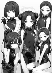  1girl absurdres alternate_hairstyle bare_legs bare_shoulders black_gloves blue_archive blunt_ends bob_cut braid braided_bun china_dress chinese_clothes closed_mouth commentary_request covered_navel dot_mouth dot_nose double_bun dragon_print dress eco_376124 expressionless feet_out_of_frame flat_chest forehead gloves greyscale hair_behind_ear hair_bun half_crown_braid halo hand_up highres kisaki_(blue_archive) leaning_forward loli long_hair monochrome multiple_views pelvic_curtain ponytail short_hair sitting sleeveless sleeveless_dress smile split_mouth standing thighs twintails two_side_up very_long_hair wavy_hair 