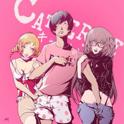  1boy 2girls atlus black_hair blonde_hair blue_eyes blush breasts brown_hair catherine_(atlus_character) catherine_(game) cigarette closed_eyes corset fingering girl_sandwich glasses handjob hug katherine_mcbride medium_breasts moaning multiple_girls pussy sandwiched smoking twintails underwear vincent_brooks 