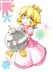  1girl 1other alternate_hairstyle blonde_hair blue_eyes bob-omb bomb chatan_(160429) chibi crown dress earrings elbow_gloves explosive floral_background gloves head_fuse holding holding_bomb jewelry looking_at_viewer mario_(series) nintendo pink_dress princess_peach smile sphere_earrings white_eyes white_gloves 