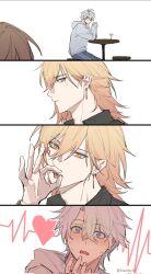  2boys akabane_yu antenna_hair black_shirt blonde_hair blue_eyes blue_pants blush braid facial_tattoo gradient_hair hair_between_eyes highres honkai:_star_rail honkai_(series) hood hood_down hoodie male_focus medium_hair multicolored_hair multiple_boys mydei_(honkai:_star_rail) pants parted_bangs phainon_(honkai:_star_rail) red_hair red_tattoo shirt short_hair side_braid tattoo tongue tongue_out twitter_username white_hair white_hoodie yaoi yellow_eyes 