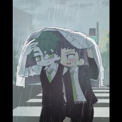  2boys arms_up black_eyes black_hair black_vest blush collared_shirt commentary_request cowboy_shot crosswalk dim_lighting dongrang_(project_moon) glasses green_eyes green_hair green_necktie implied_yaoi jacket korean_commentary limbus_company looking_at_another multiple_boys necktie open_clothes open_jacket pedestrian_lights pillarboxed project_moon rain red_hong00 road samjo_(project_moon) shirt short_hair smile street vest white_shirt 